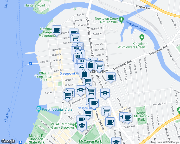 map of restaurants, bars, coffee shops, grocery stores, and more near Greenpoint Ave & Eckford St in Brooklyn
