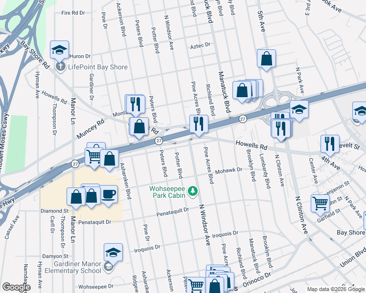 map of restaurants, bars, coffee shops, grocery stores, and more near 30 Seneca Drive in Brightwaters
