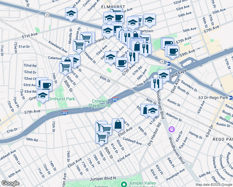 map of restaurants, bars, coffee shops, grocery stores, and more near 84-50 57th Avenue in Queens