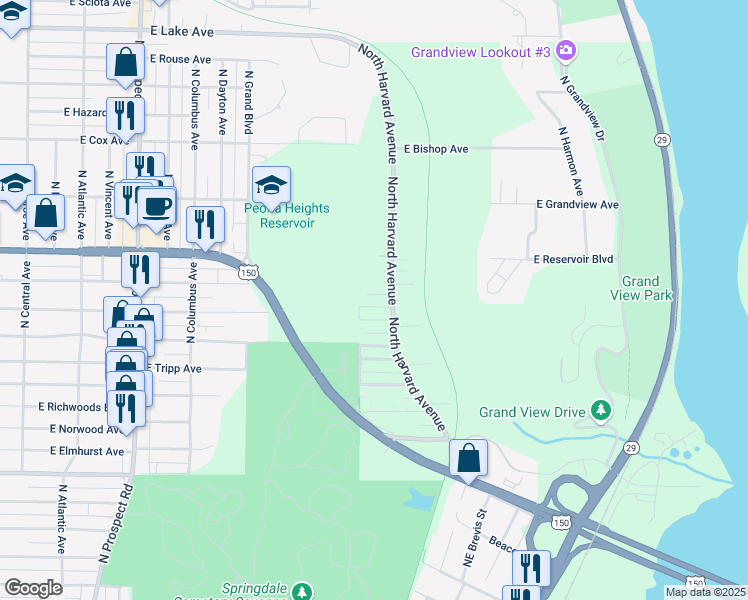 map of restaurants, bars, coffee shops, grocery stores, and more near 3601 North Harvard Avenue in Peoria