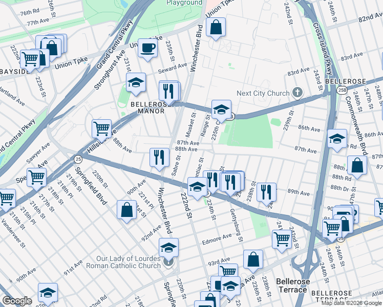 map of restaurants, bars, coffee shops, grocery stores, and more near 233-60 87th Avenue in Queens