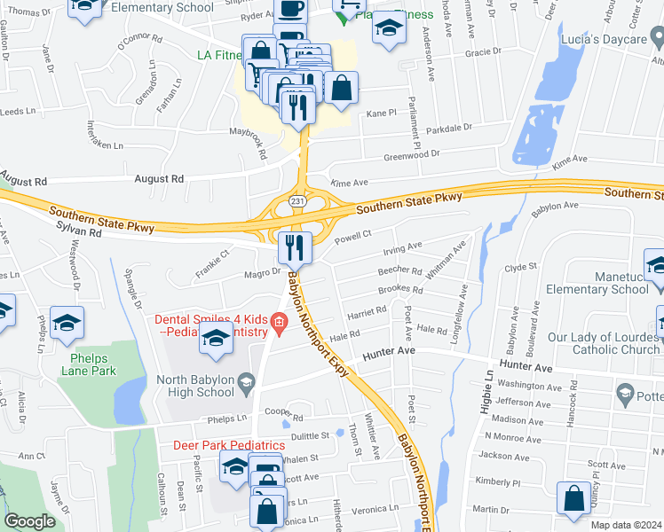 map of restaurants, bars, coffee shops, grocery stores, and more near Irving Avenue & Holmes Avenue in North Babylon
