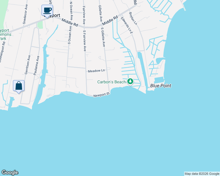 map of restaurants, bars, coffee shops, grocery stores, and more near 260 South Gillette Avenue in Bayport