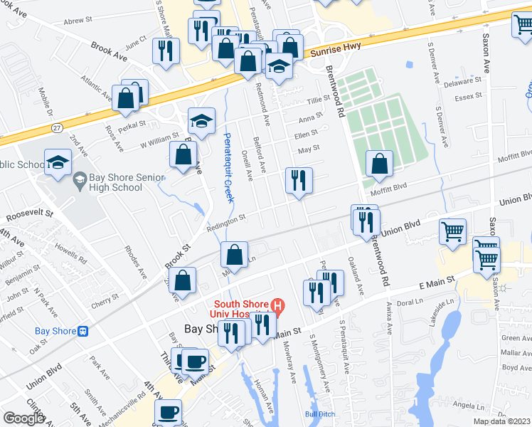 map of restaurants, bars, coffee shops, grocery stores, and more near 40 Redington Street in Bay Shore