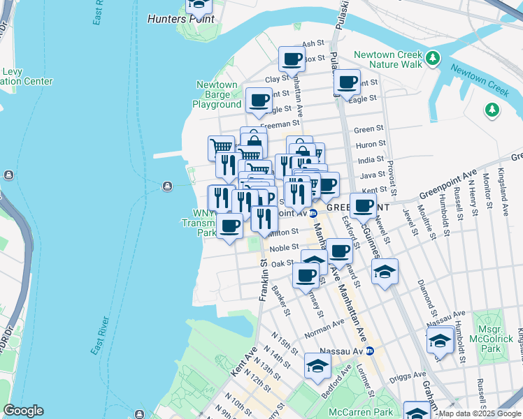 map of restaurants, bars, coffee shops, grocery stores, and more near 170 Franklin Street in Brooklyn