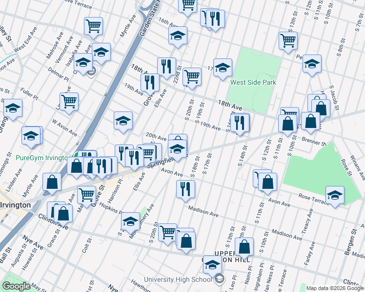 map of restaurants, bars, coffee shops, grocery stores, and more near 743 South 20th Street in Newark