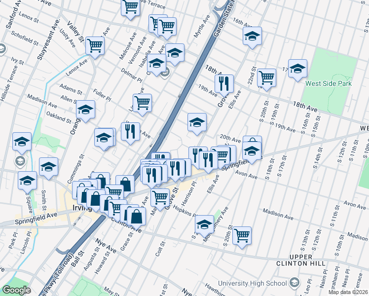 map of restaurants, bars, coffee shops, grocery stores, and more near 12 Marshall Street in Irvington