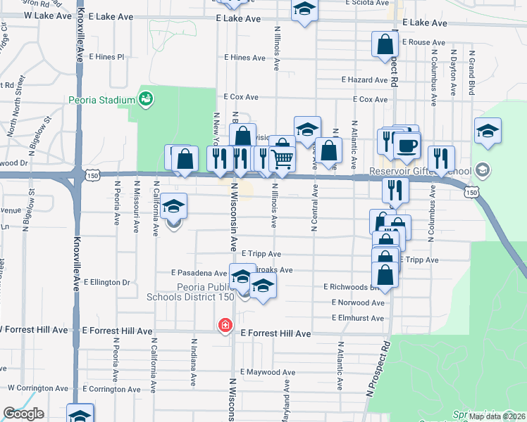 map of restaurants, bars, coffee shops, grocery stores, and more near 817 East Paris Avenue in Peoria Heights