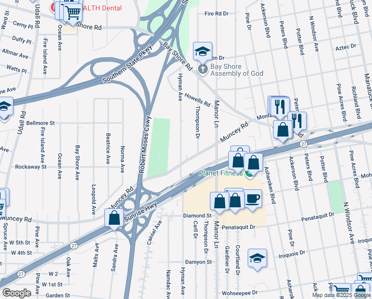 map of restaurants, bars, coffee shops, grocery stores, and more near 1221 Hyman Avenue in Bay Shore