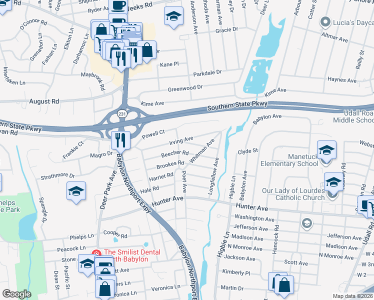 map of restaurants, bars, coffee shops, grocery stores, and more near 93 Irving Avenue in North Babylon