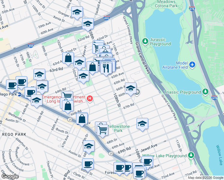 map of restaurants, bars, coffee shops, grocery stores, and more near in Queens