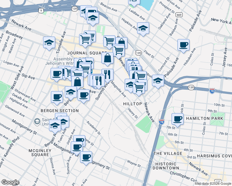 map of restaurants, bars, coffee shops, grocery stores, and more near 121 Magnolia Avenue in Jersey City