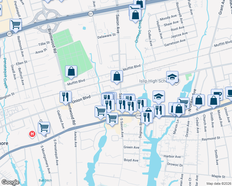 map of restaurants, bars, coffee shops, grocery stores, and more near in Islip