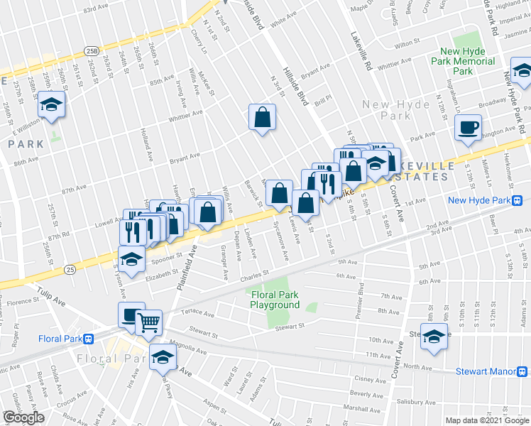 map of restaurants, bars, coffee shops, grocery stores, and more near 372 Jericho Turnpike in Floral Park