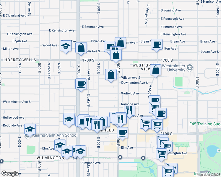 map of restaurants, bars, coffee shops, grocery stores, and more near 841 Downington Avenue South in Salt Lake City