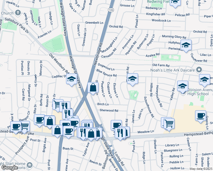 map of restaurants, bars, coffee shops, grocery stores, and more near 48 Crabtree Lane in Levittown