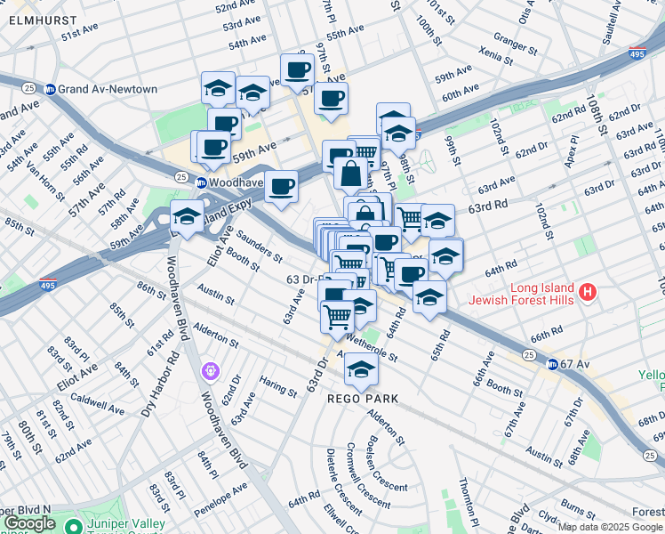 map of restaurants, bars, coffee shops, grocery stores, and more near 95-20 Queens Boulevard in Queens