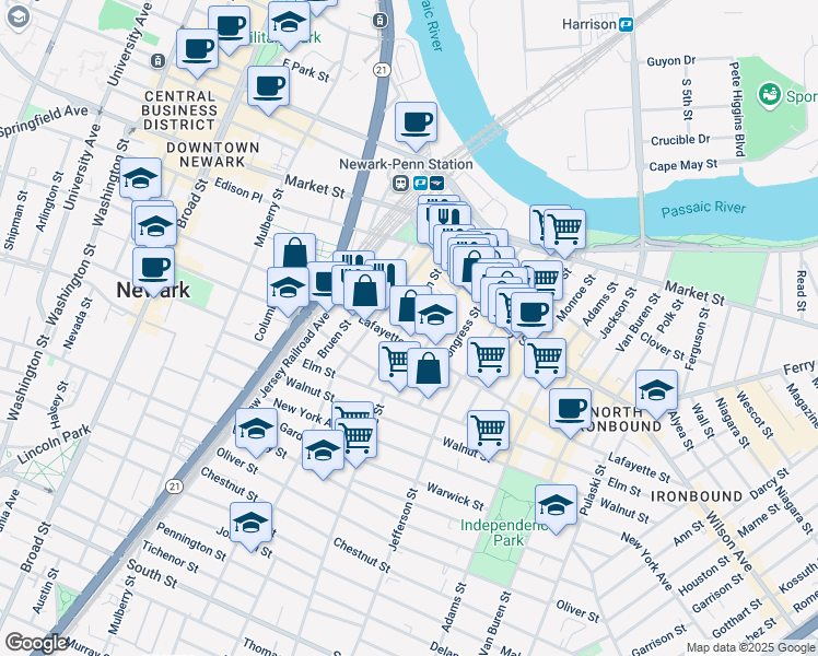 map of restaurants, bars, coffee shops, grocery stores, and more near 96 Union Street in Newark