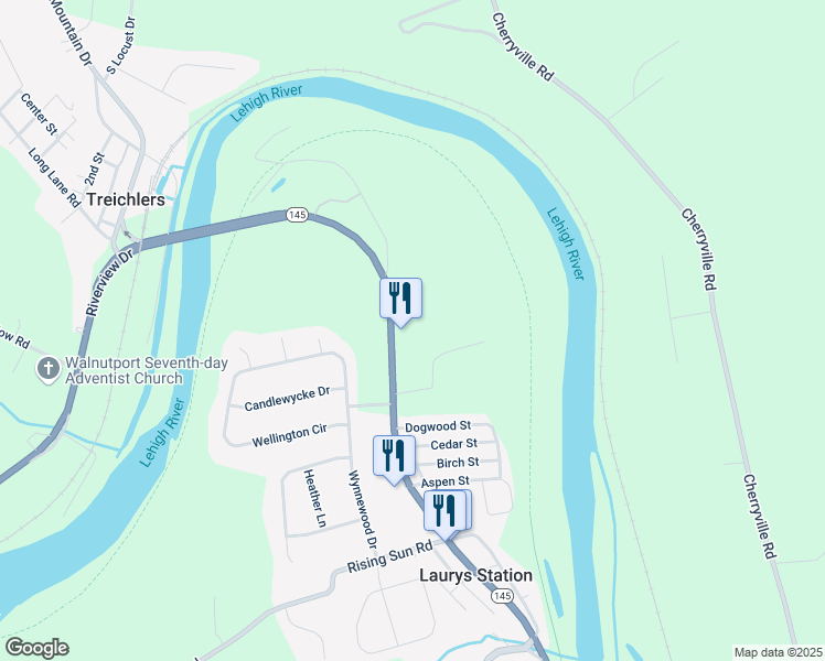 map of restaurants, bars, coffee shops, grocery stores, and more near 5757 Highway 145 in Laurys Station