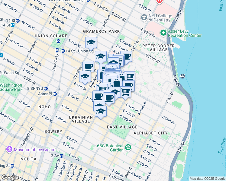 map of restaurants, bars, coffee shops, grocery stores, and more near 347 East 14th Street in New York