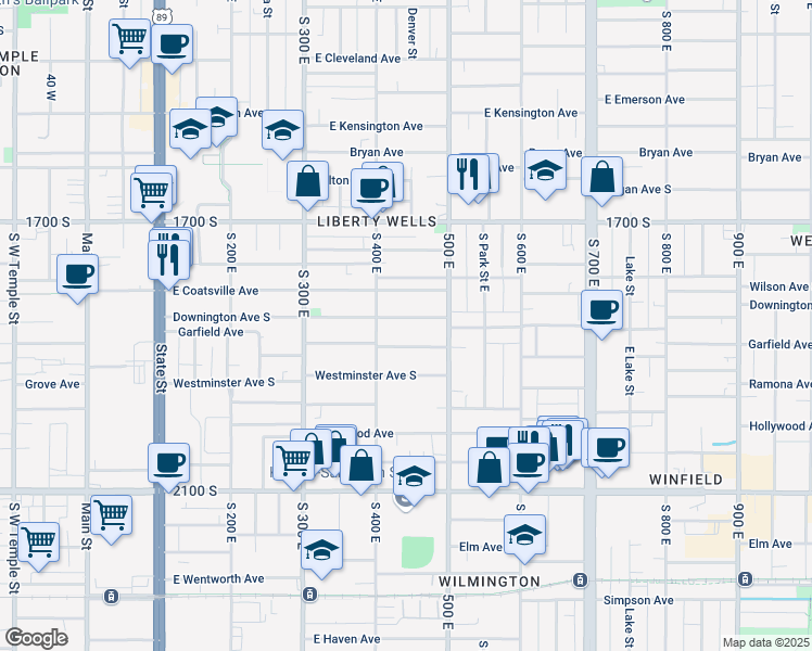 map of restaurants, bars, coffee shops, grocery stores, and more near 419 Downington Avenue South in Salt Lake City