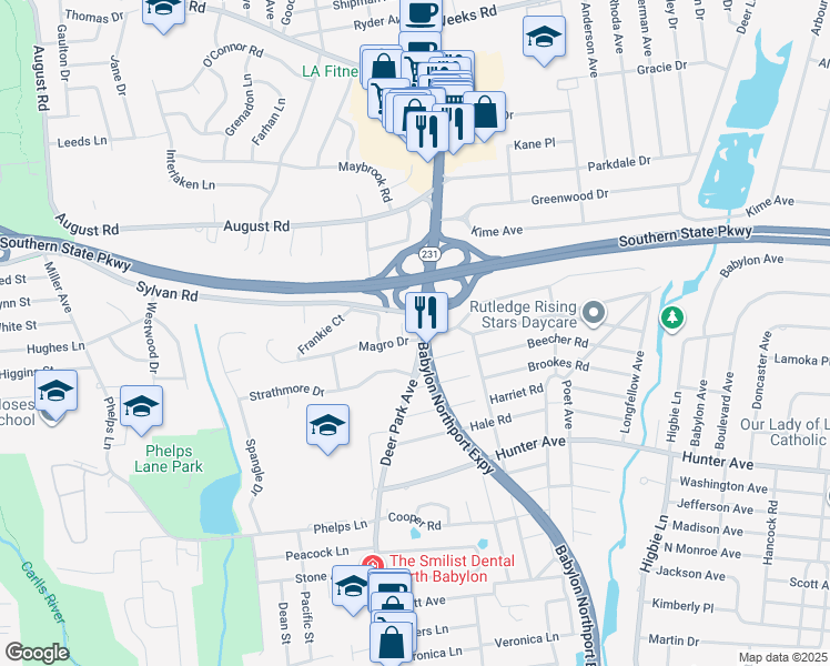 map of restaurants, bars, coffee shops, grocery stores, and more near 5 Renee Court in North Babylon