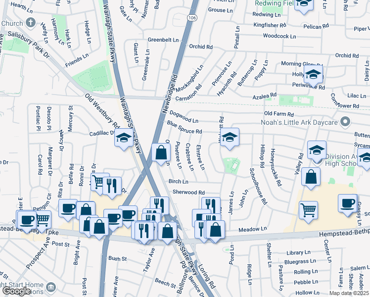 map of restaurants, bars, coffee shops, grocery stores, and more near 48 Crabtree Lane in Levittown