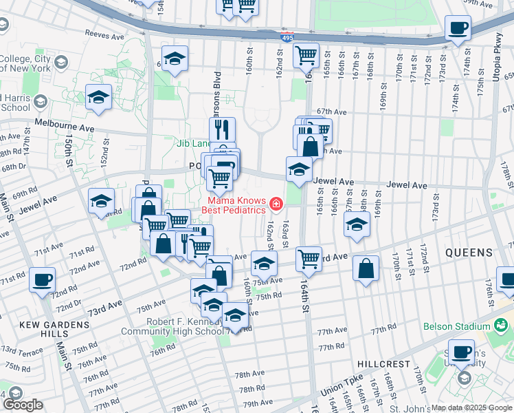 map of restaurants, bars, coffee shops, grocery stores, and more near 161-8 Jewel Avenue in Queens