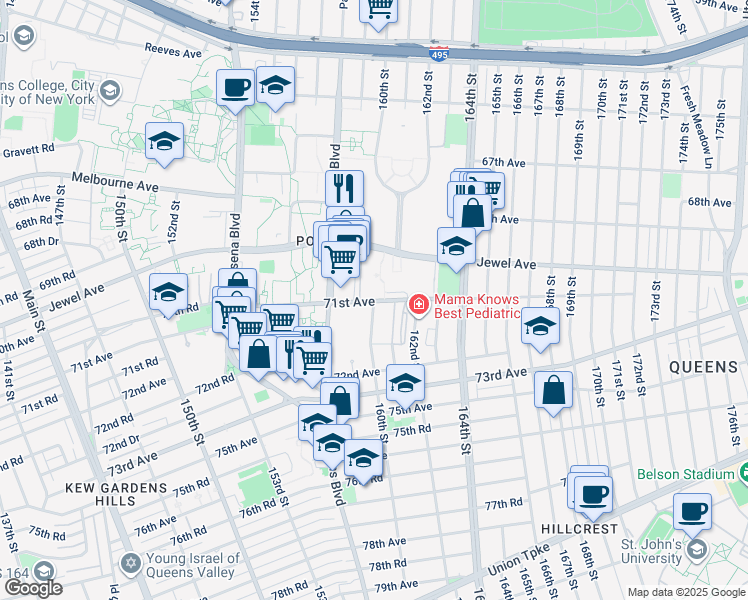 map of restaurants, bars, coffee shops, grocery stores, and more near 159-25 71st Avenue in Queens