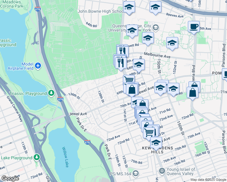 map of restaurants, bars, coffee shops, grocery stores, and more near 138-50 68th Drive in Queens