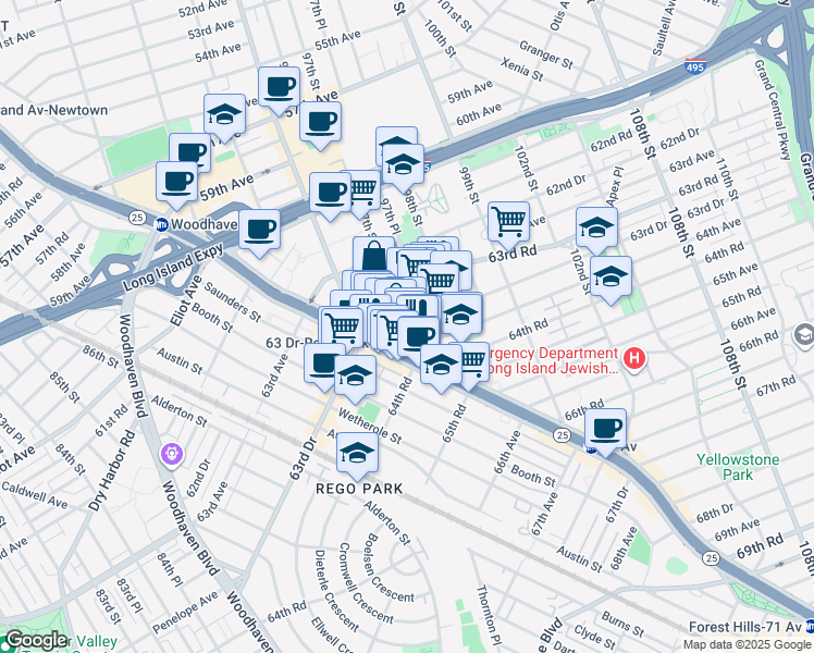 map of restaurants, bars, coffee shops, grocery stores, and more near 97-25 63rd Drive in Queens