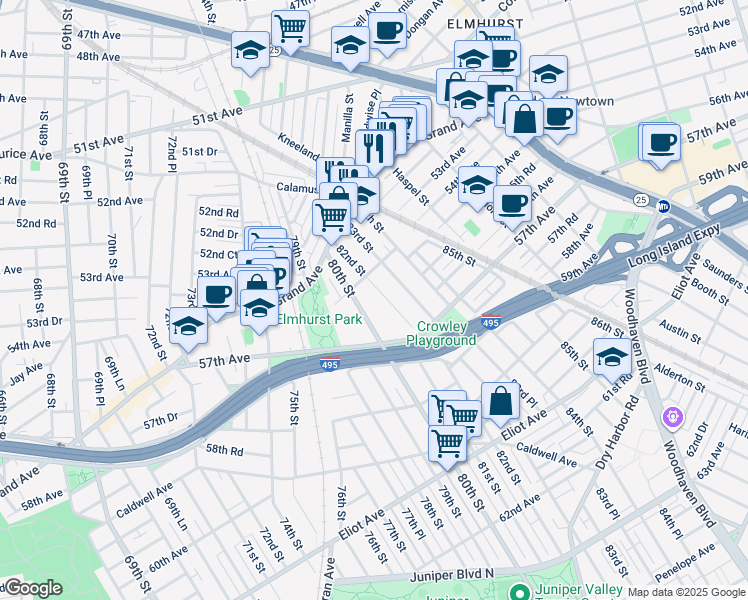 map of restaurants, bars, coffee shops, grocery stores, and more near 82-01 54th Avenue in Queens