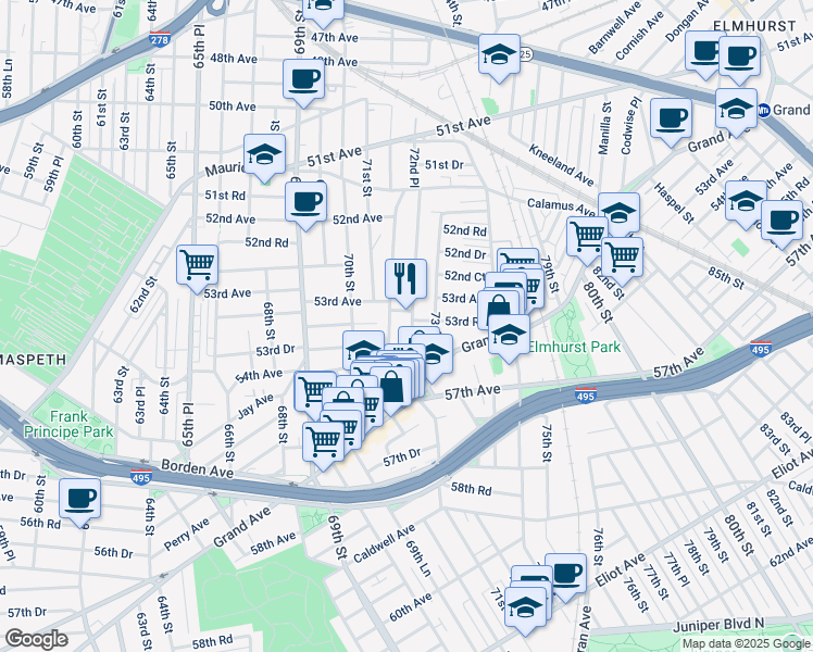 map of restaurants, bars, coffee shops, grocery stores, and more near 53-08 72nd Place in Queens