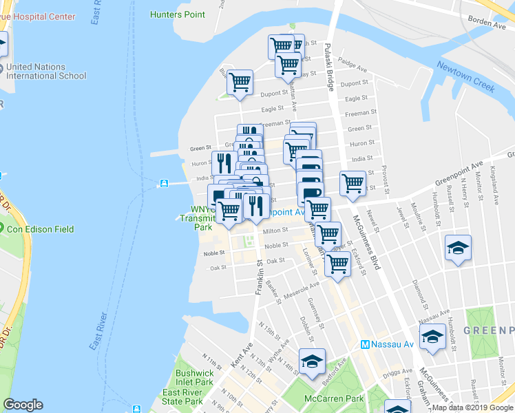 map of restaurants, bars, coffee shops, grocery stores, and more near 170 Franklin Street in Brooklyn