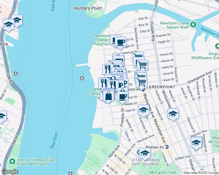 map of restaurants, bars, coffee shops, grocery stores, and more near 122 West Street in Brooklyn