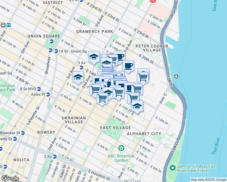 map of restaurants, bars, coffee shops, grocery stores, and more near 419 East 14th Street in New York
