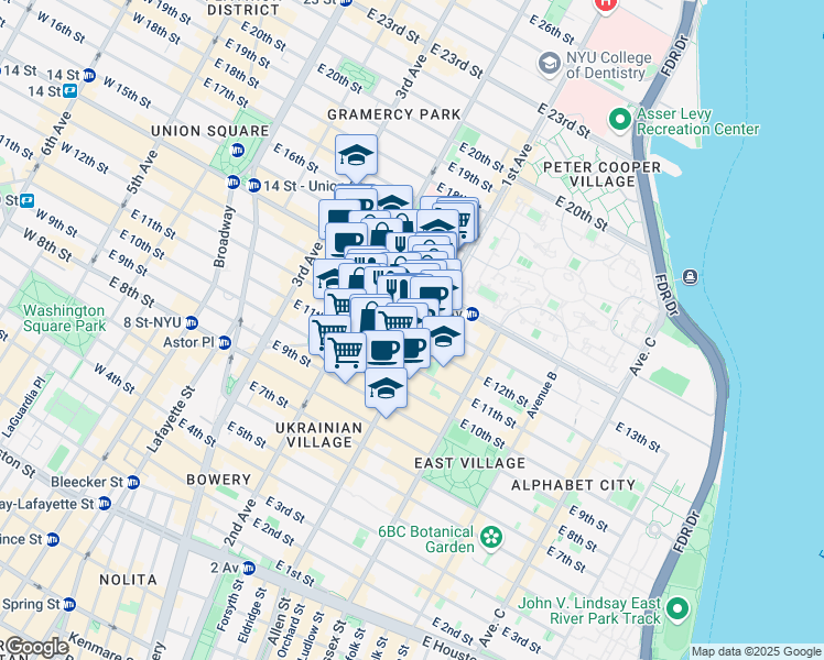 map of restaurants, bars, coffee shops, grocery stores, and more near 324 East 13th Street in New York