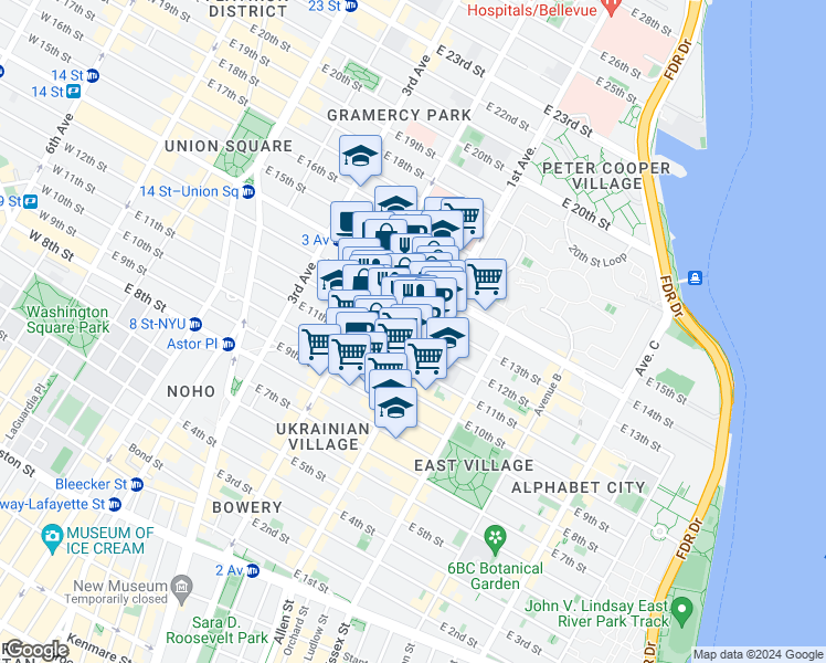 map of restaurants, bars, coffee shops, grocery stores, and more near 324 East 13th Street in New York