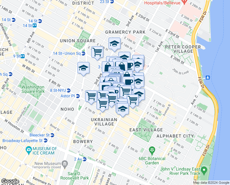 map of restaurants, bars, coffee shops, grocery stores, and more near 189 2nd Avenue in New York