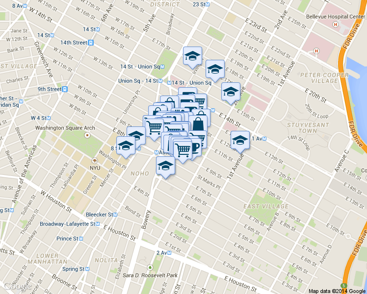 map of restaurants, bars, coffee shops, grocery stores, and more near in New York