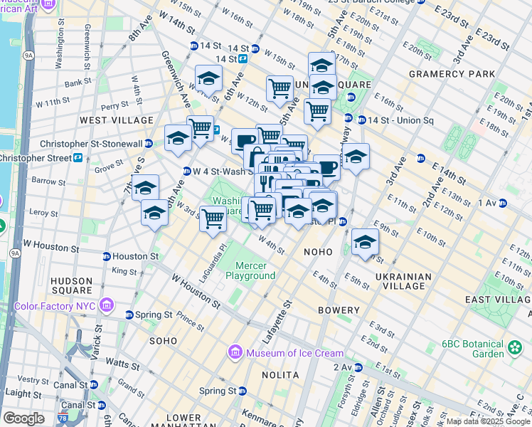 map of restaurants, bars, coffee shops, grocery stores, and more near 34 East 8th Street in New York