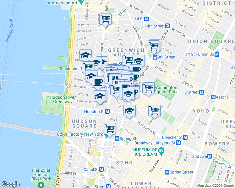 map of restaurants, bars, coffee shops, grocery stores, and more near in New York