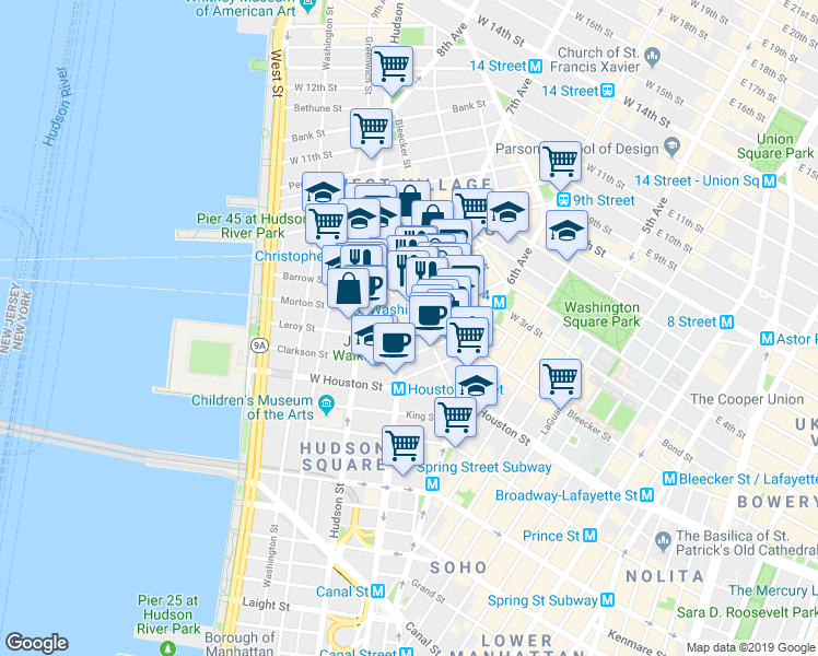 map of restaurants, bars, coffee shops, grocery stores, and more near 51 Morton Street in New York