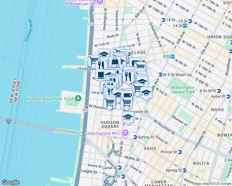 map of restaurants, bars, coffee shops, grocery stores, and more near in New York
