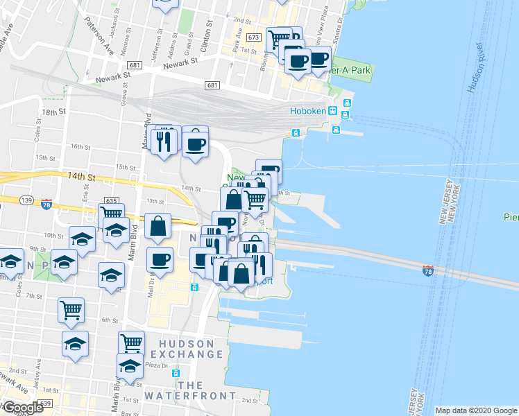 map of restaurants, bars, coffee shops, grocery stores, and more near 36 North Street in Jersey City