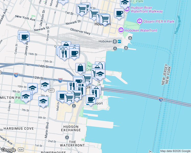 map of restaurants, bars, coffee shops, grocery stores, and more near 36 North Street in Jersey City