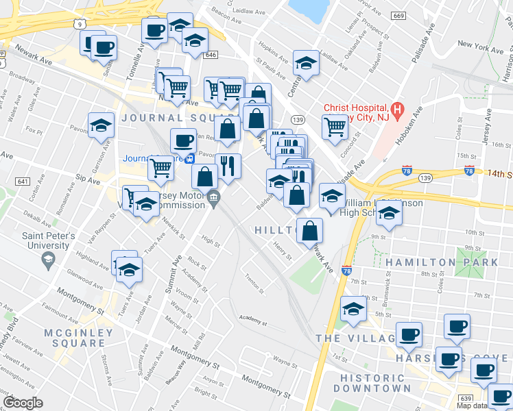 map of restaurants, bars, coffee shops, grocery stores, and more near 265 Baldwin Avenue in Jersey City
