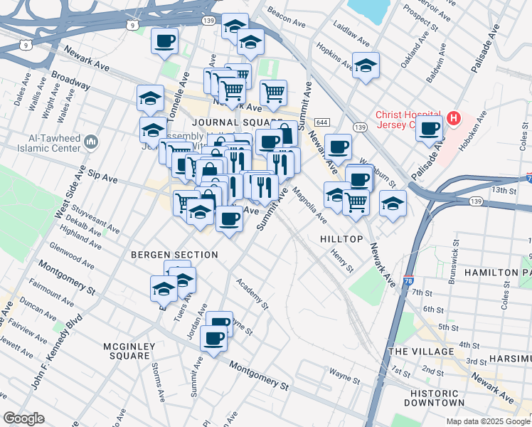map of restaurants, bars, coffee shops, grocery stores, and more near in Jersey City
