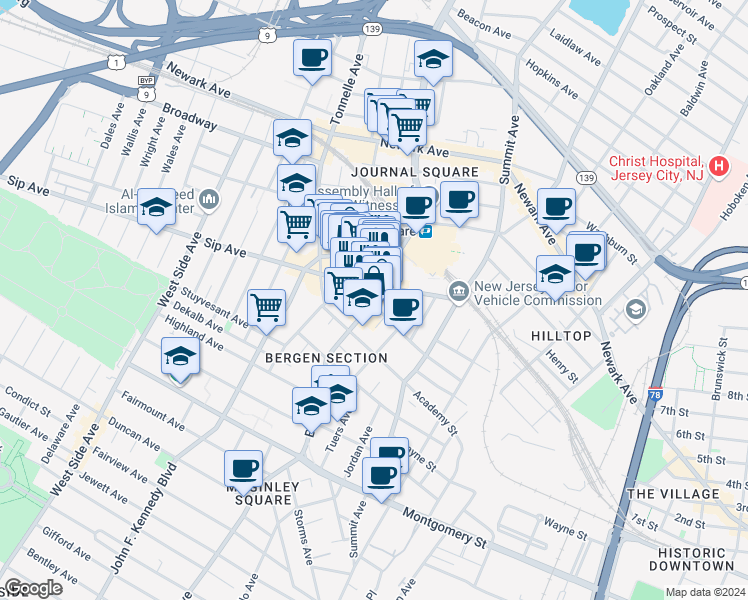 map of restaurants, bars, coffee shops, grocery stores, and more near 140 Sip Avenue in Jersey City