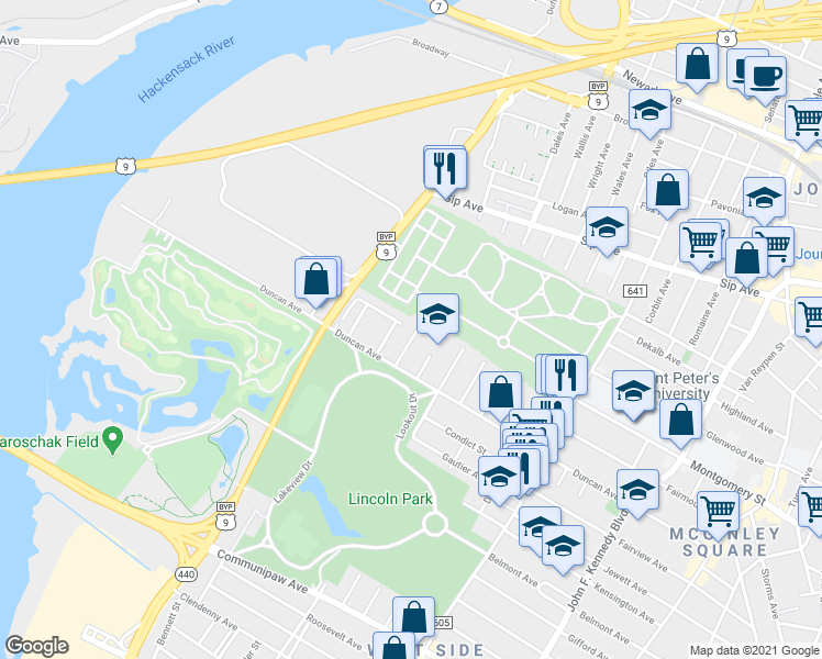 map of restaurants, bars, coffee shops, grocery stores, and more near 129 Harvey Avenue in Jersey City